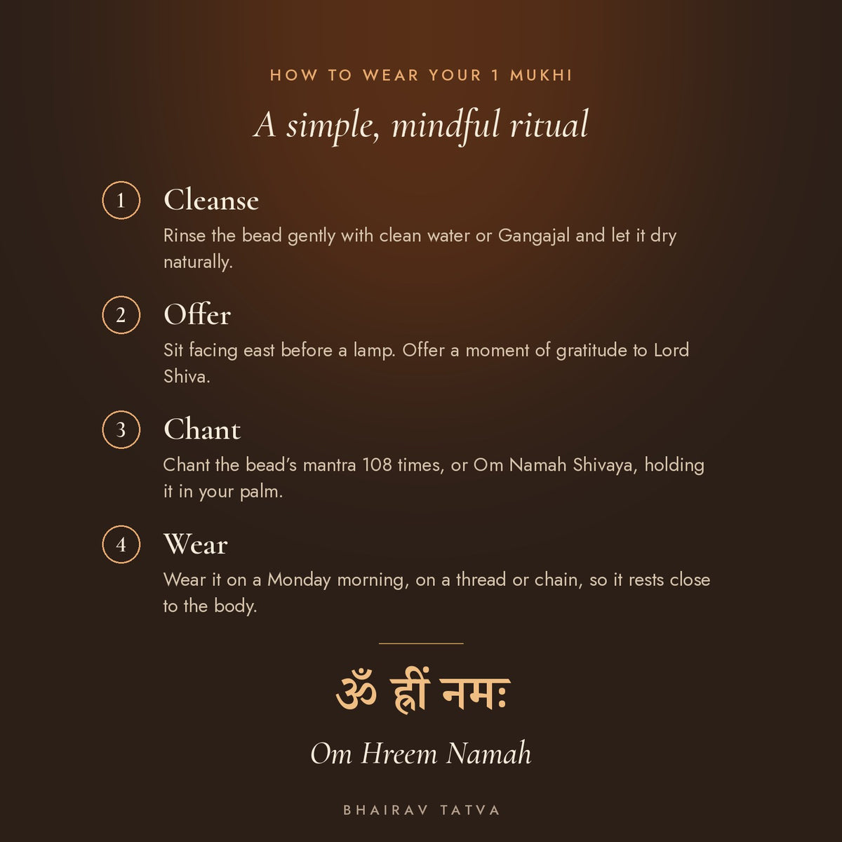 How to wear the 1 Mukhi Rudraksha (Half-Moon): cleanse, offer, chant Om Hreem Namah, wear
