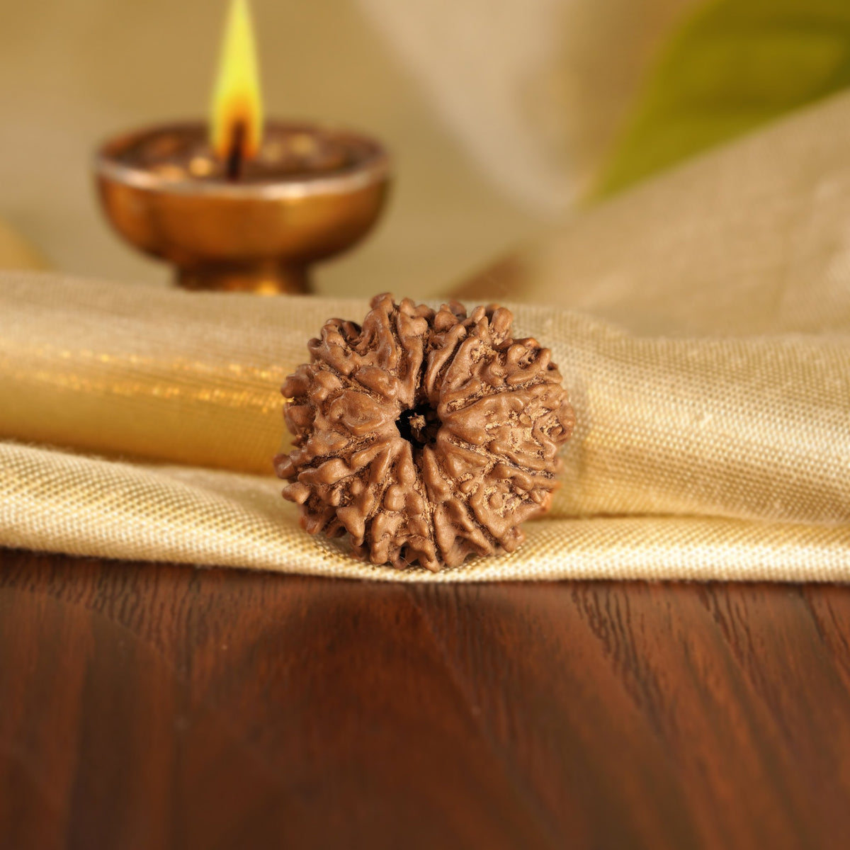 Front of the 10 Mukhi Rudraksha on silk beside a brass diya
