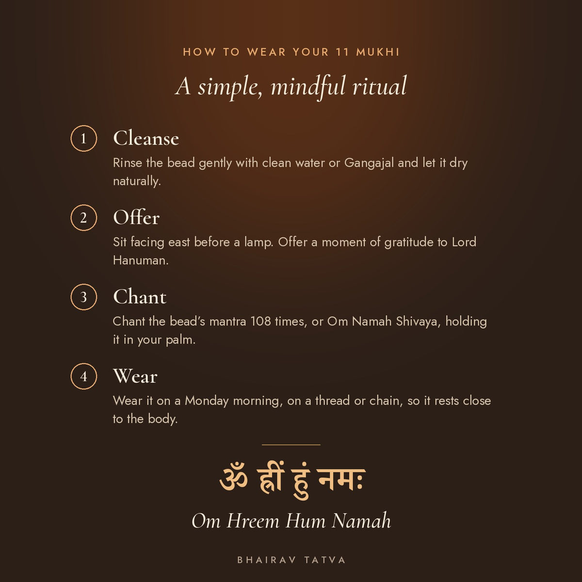 How to wear the 11 Mukhi Rudraksha: cleanse, offer, chant Om Hreem Hum Namah, wear