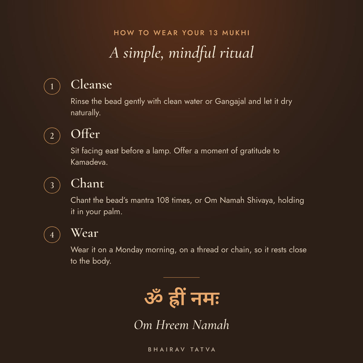 How to wear the 13 Mukhi Rudraksha: cleanse, offer, chant Om Hreem Namah, wear