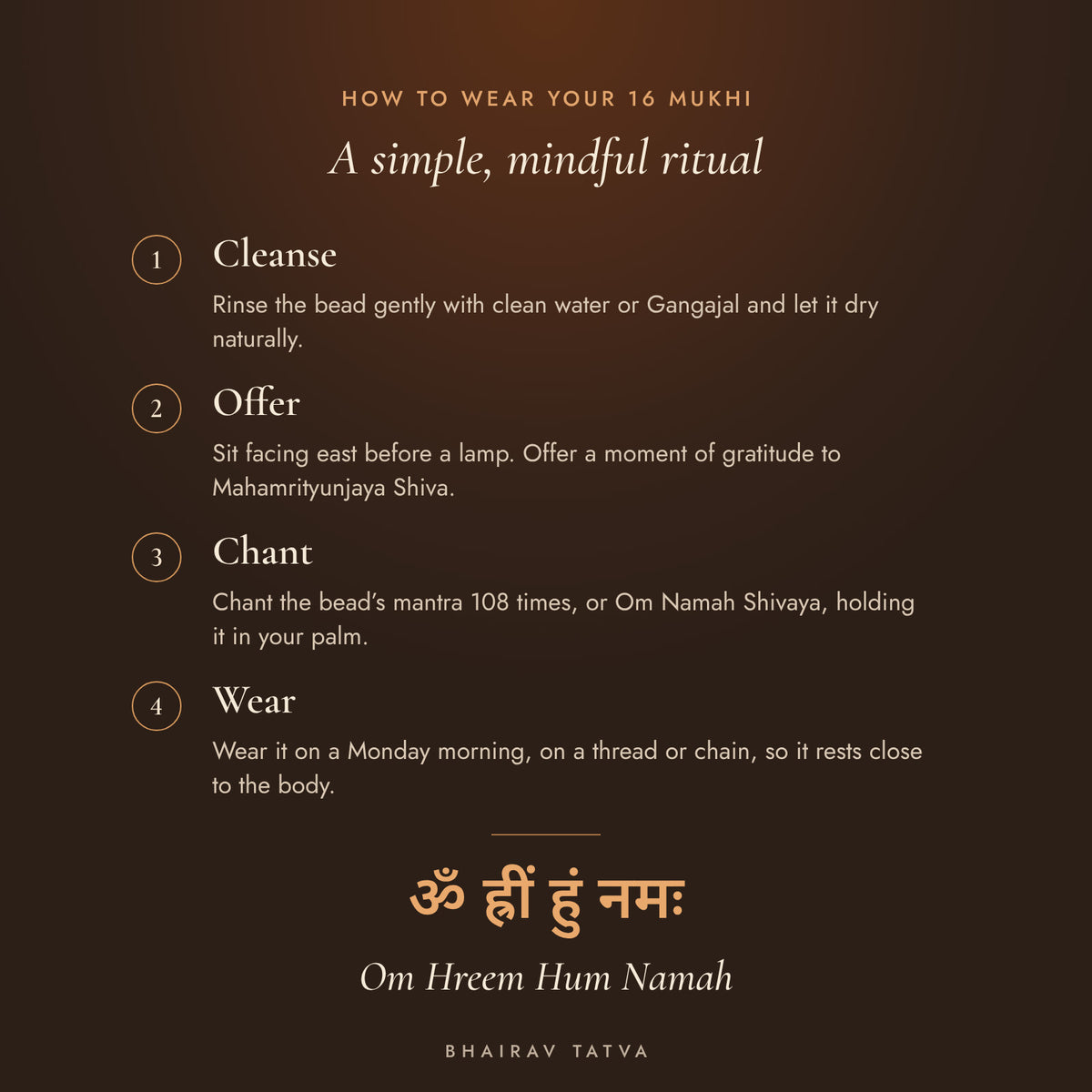 How to wear the 16 Mukhi Rudraksha: cleanse, offer, chant Om Hreem Hum Namah, wear
