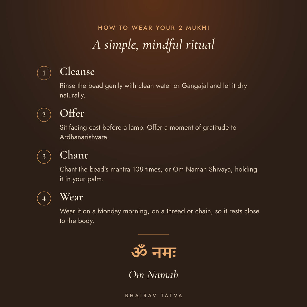 How to wear the 2 Mukhi Rudraksha: cleanse, offer, chant Om Namah, wear