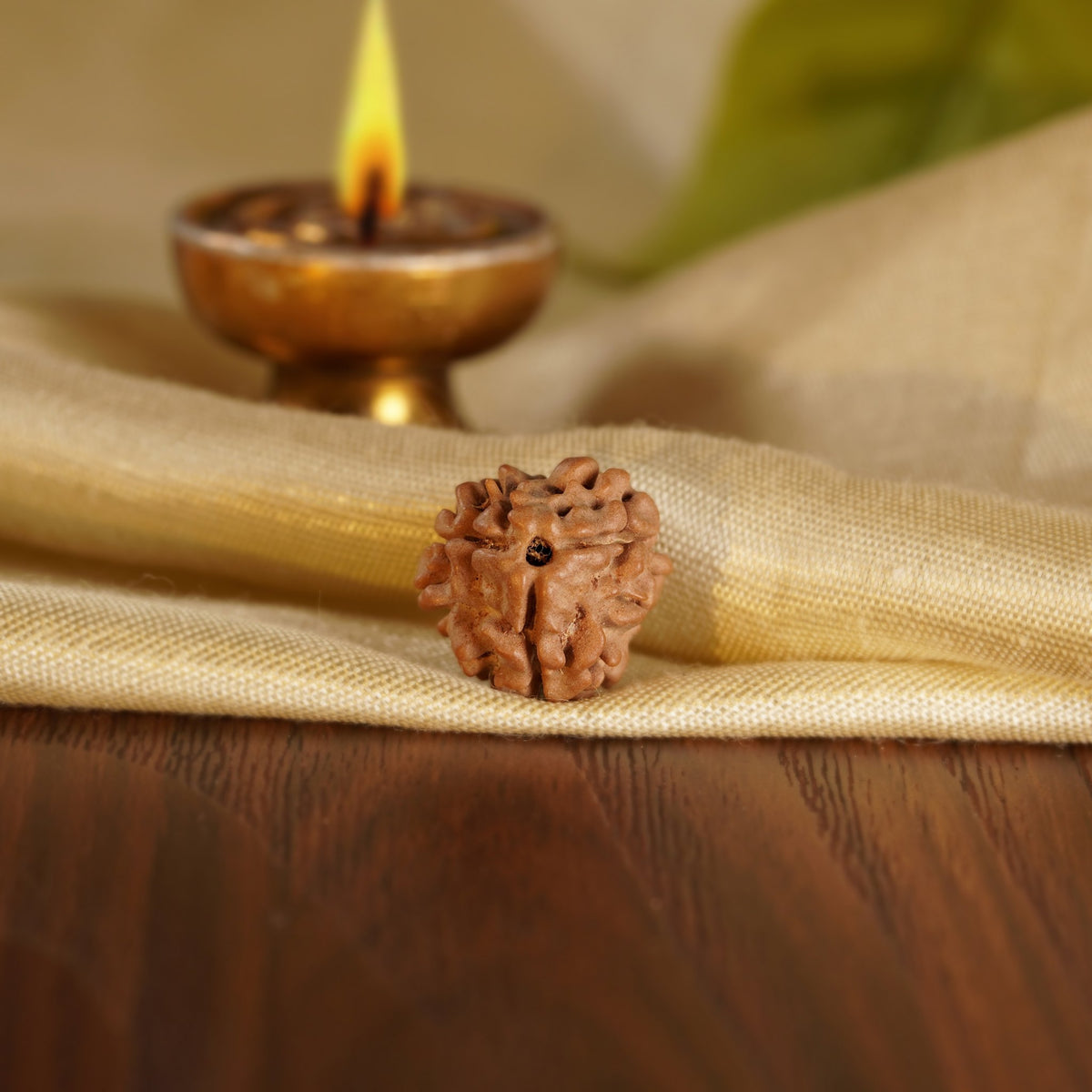 Front of the 3 Mukhi Rudraksha on silk beside a brass diya