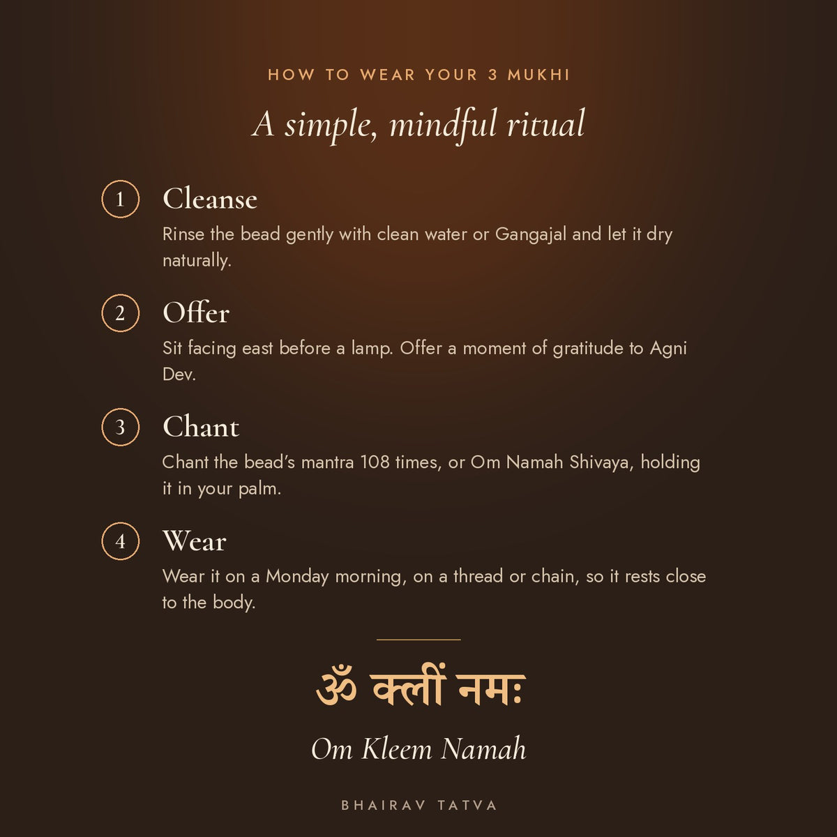How to wear the 3 Mukhi Rudraksha: cleanse, offer, chant Om Kleem Namah, wear