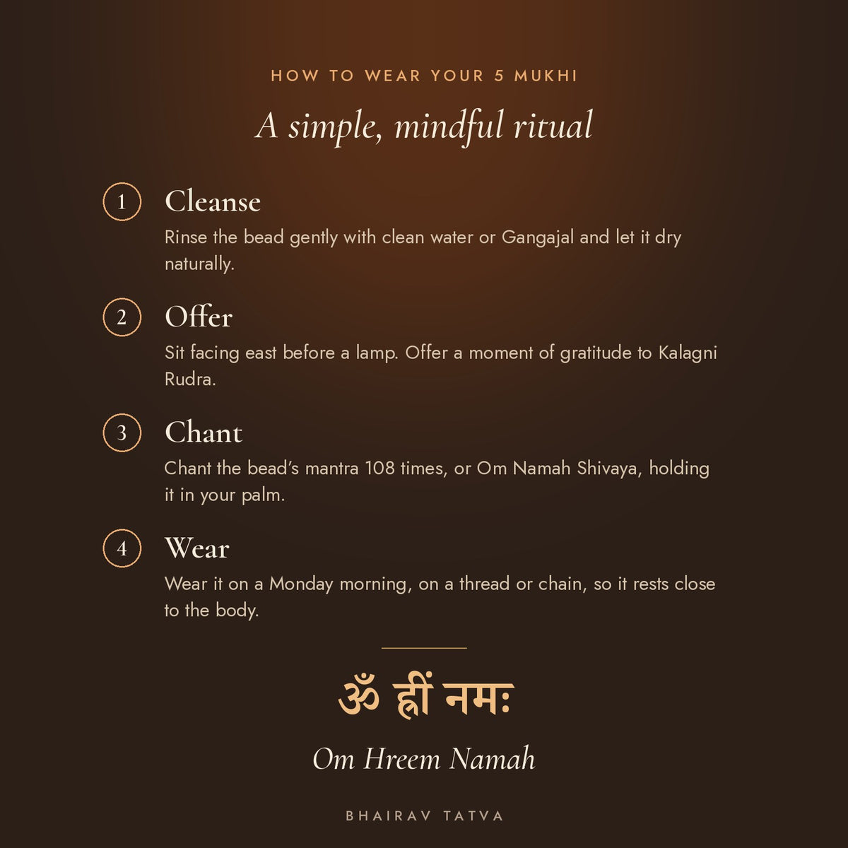 How to wear the 5 Mukhi Rudraksha: cleanse, offer, chant Om Hreem Namah, wear