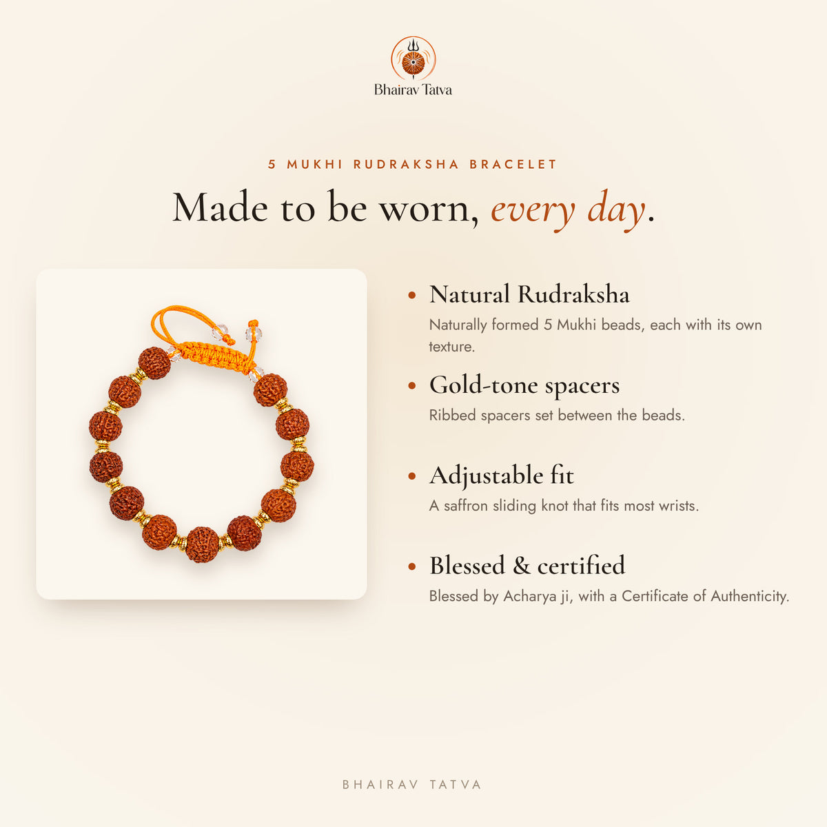 5 Mukhi Rudraksha Bracelet features: natural Rudraksha, gold-tone spacers, adjustable knot, blessed and certified