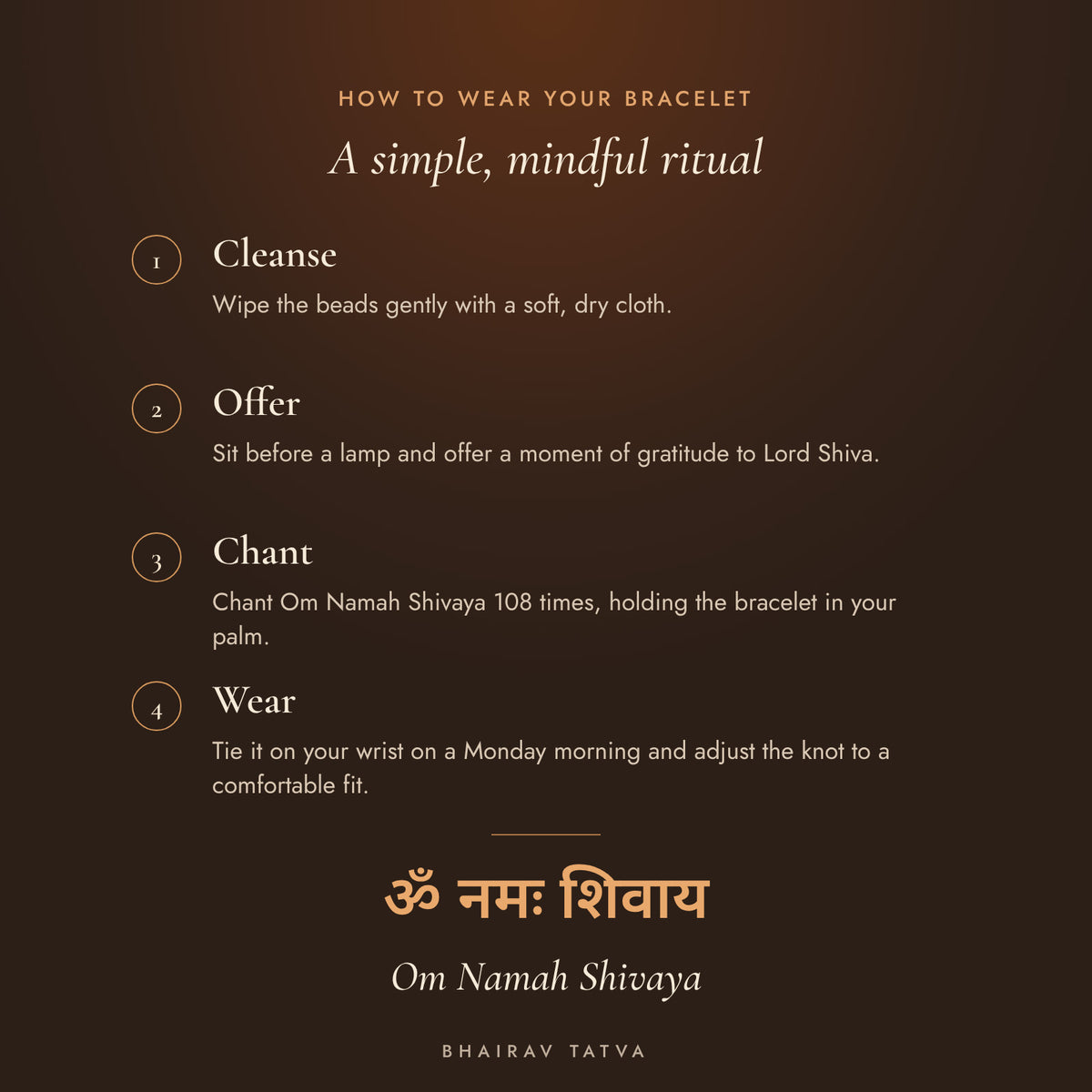 How to wear the 5 Mukhi Rudraksha Bracelet: cleanse, offer, chant Om Namah Shivaya, wear