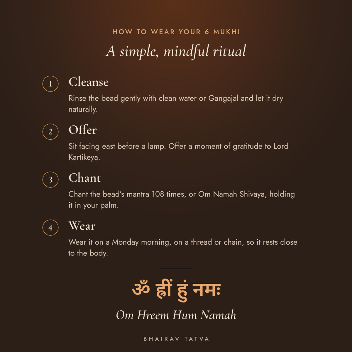 How to wear the 6 Mukhi Rudraksha: cleanse, offer, chant Om Hreem Hum Namah, wear