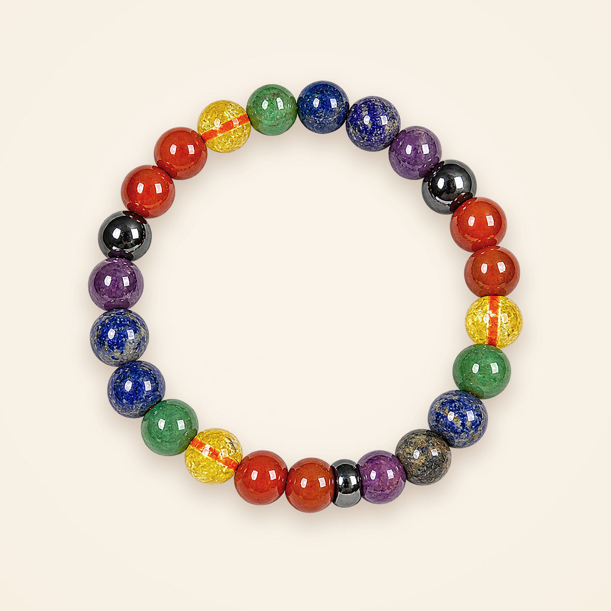 7 Chakra Bracelet, top view on an ivory background