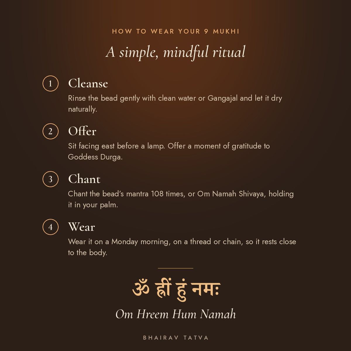 How to wear the 9 Mukhi Rudraksha: cleanse, offer, chant Om Hreem Hum Namah, wear