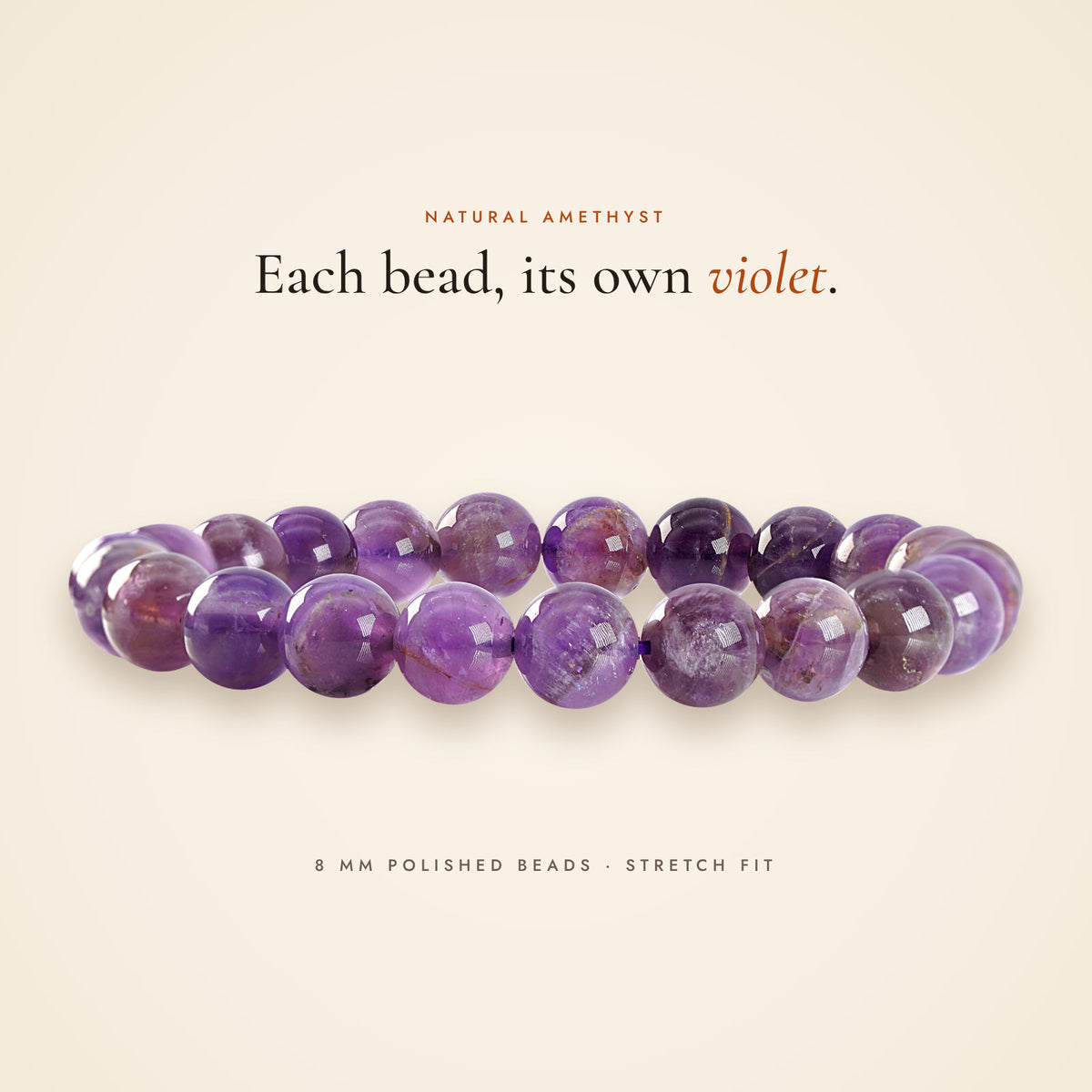 Side view of the Amethyst Bracelet showing the beads