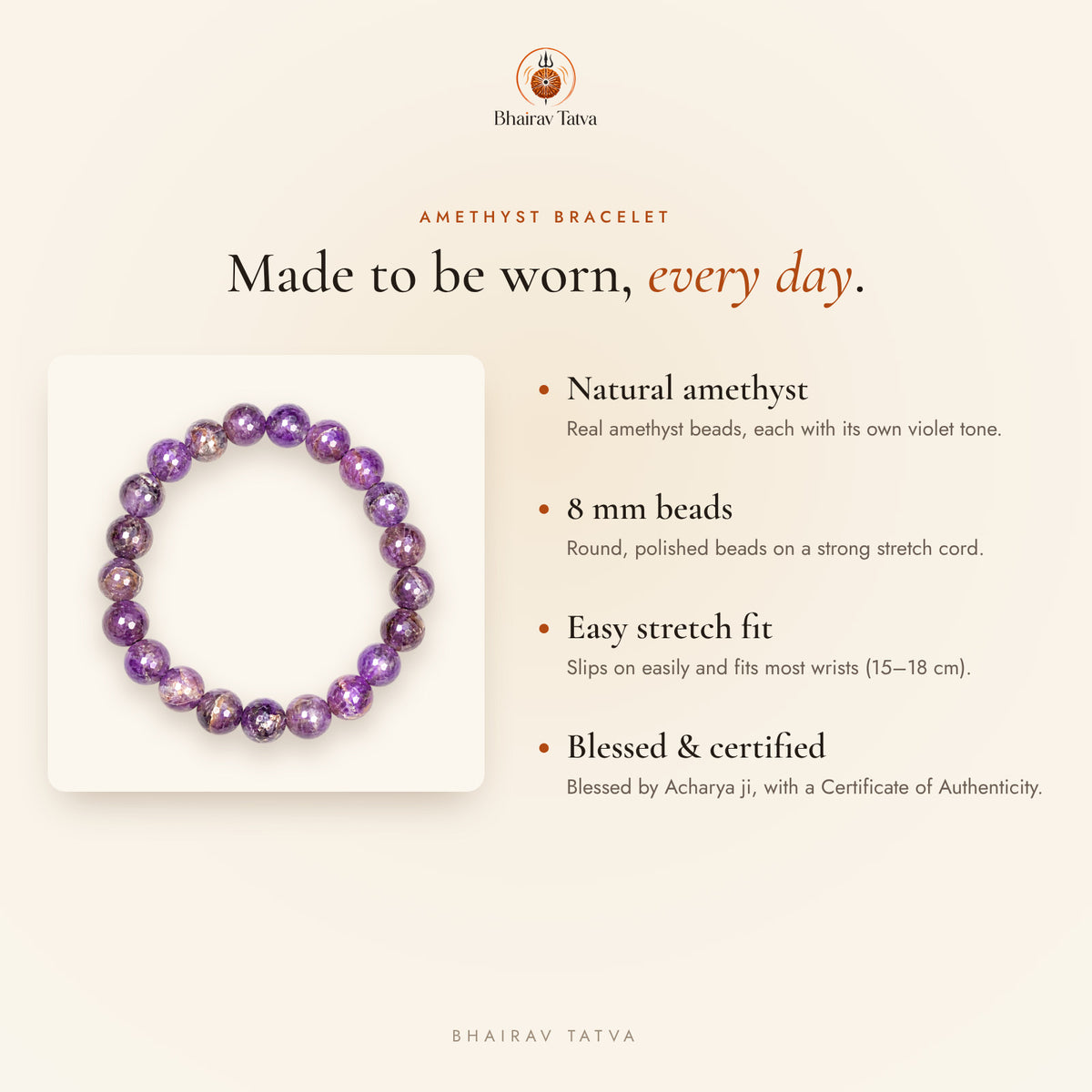 Amethyst Bracelet features: natural stone, 8 mm beads, stretch fit, blessed and certified