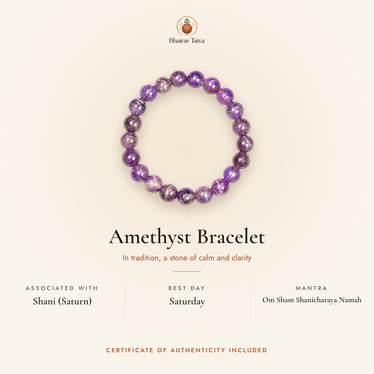 Amethyst Bracelet: associated with Shani (Saturn), best day Saturday, mantra Om Sham Shanicharaya Namah