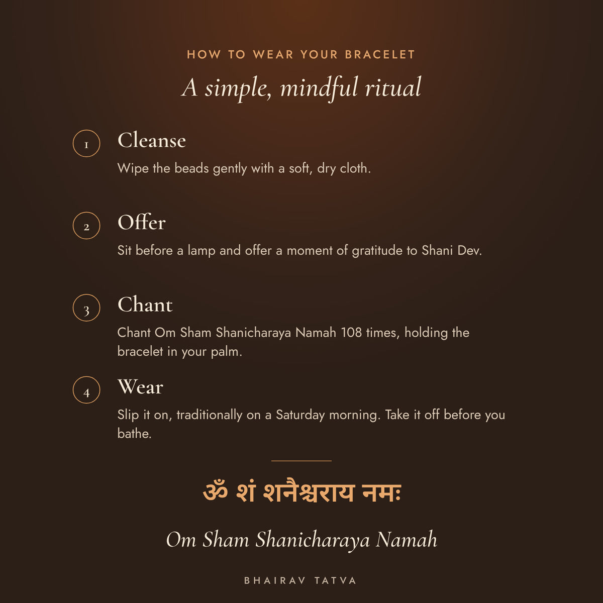 How to wear the Amethyst Bracelet: cleanse, offer, chant Om Sham Shanicharaya Namah, wear