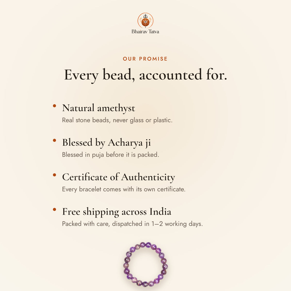 Our promise: natural beads, blessed by Acharya ji, Certificate of Authenticity, free shipping across India