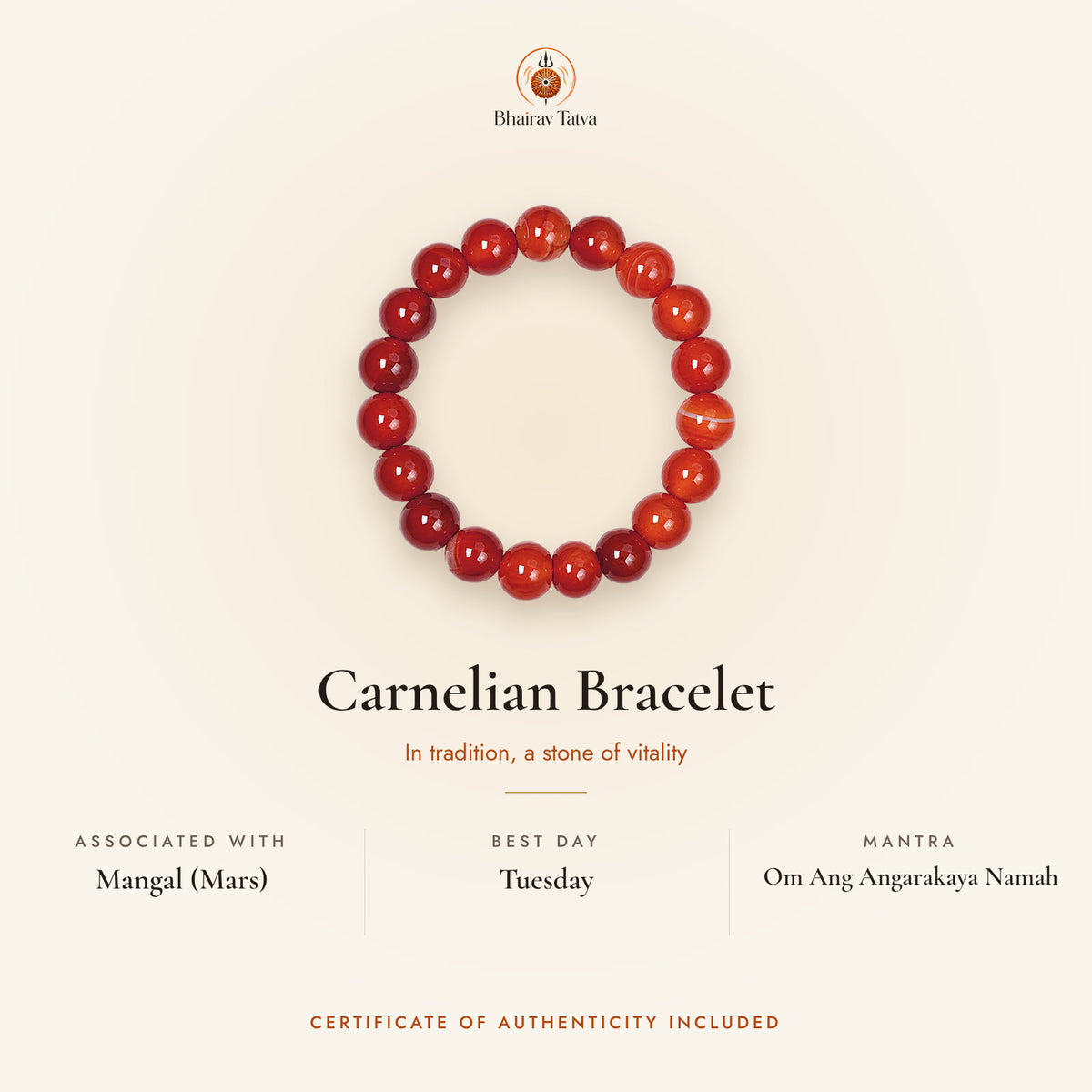 Carnelian Bracelet: associated with Mangal (Mars), best day Tuesday, mantra Om Ang Angarakaya Namah