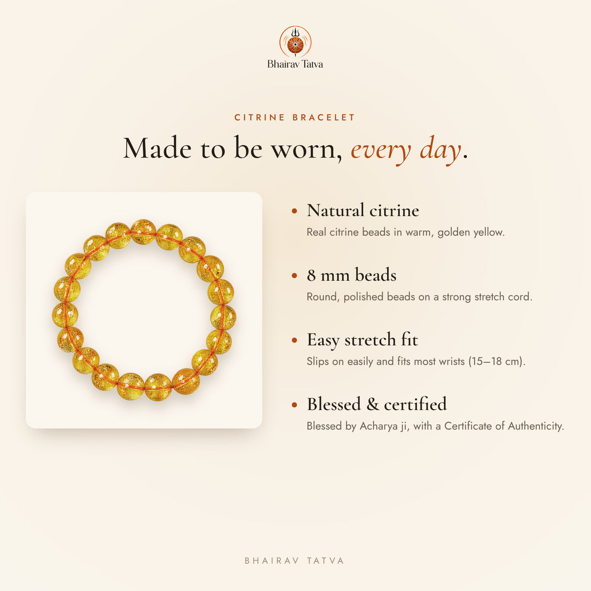 Citrine Bracelet features: natural stone, 8 mm beads, stretch fit, blessed and certified