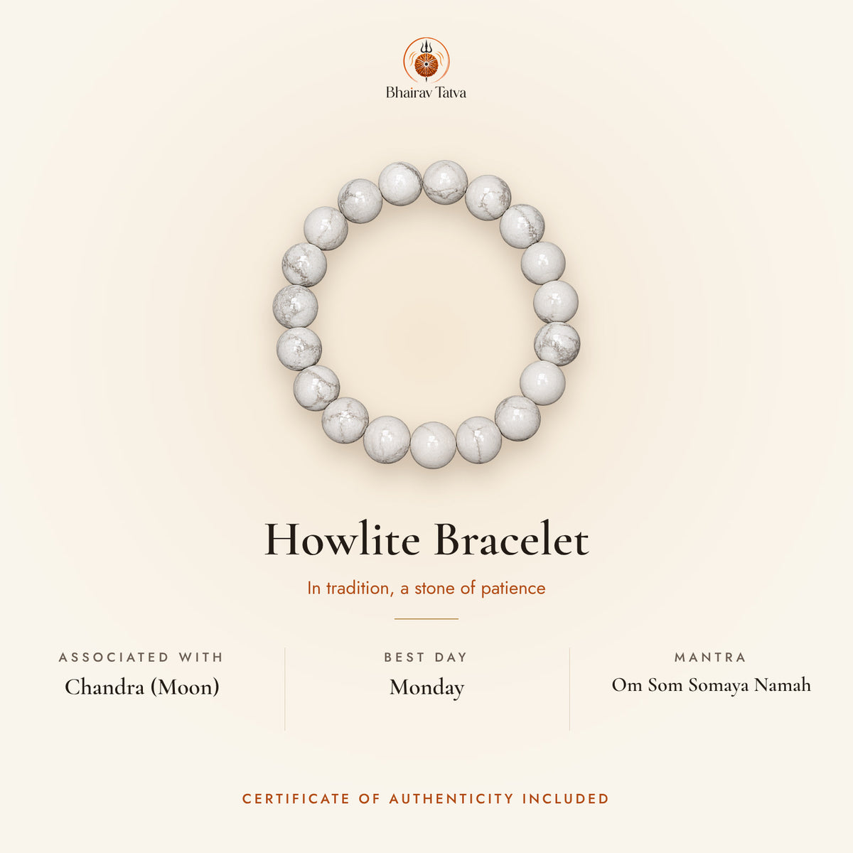 Howlite Bracelet: associated with Chandra (Moon), best day Monday, mantra Om Som Somaya Namah