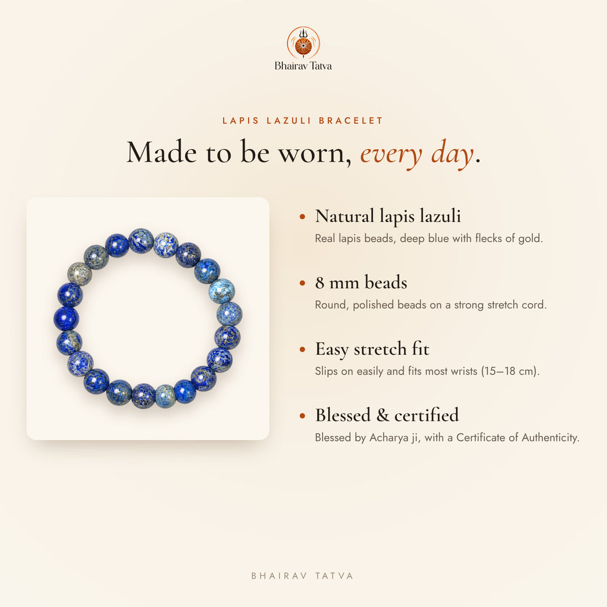 Lapis Lazuli Bracelet features: natural stone, 8 mm beads, stretch fit, blessed and certified