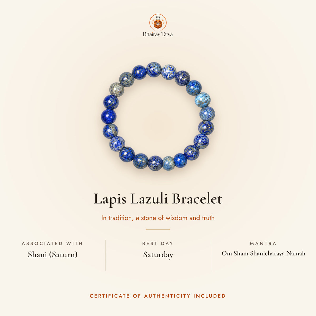 Lapis Lazuli Bracelet: associated with Shani (Saturn), best day Saturday, mantra Om Sham Shanicharaya Namah