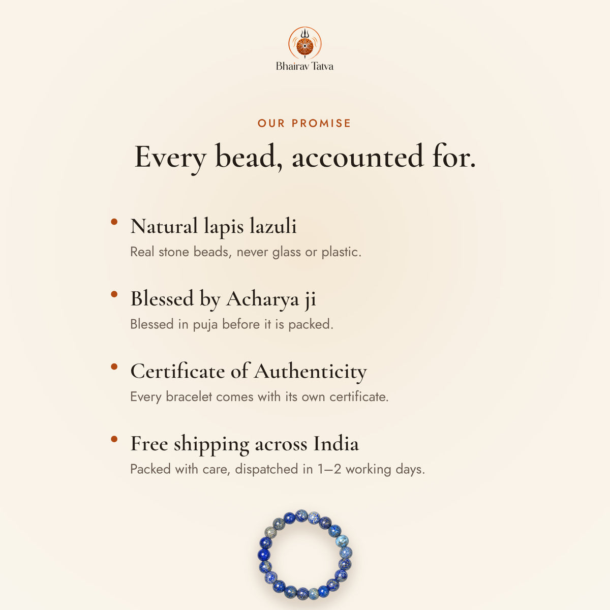 Our promise: natural beads, blessed by Acharya ji, Certificate of Authenticity, free shipping across India