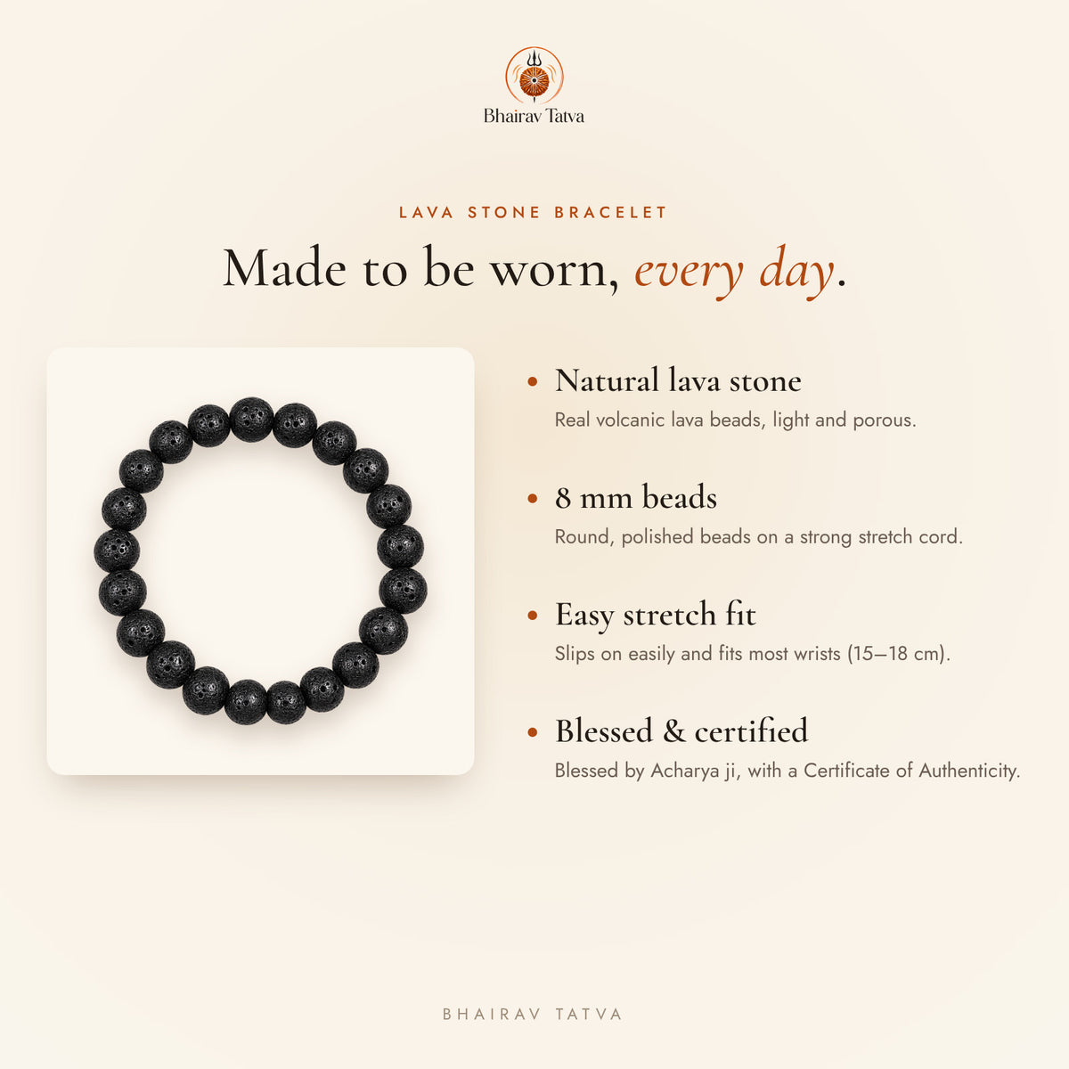 Lava Stone Bracelet features: natural stone, 8 mm beads, stretch fit, blessed and certified