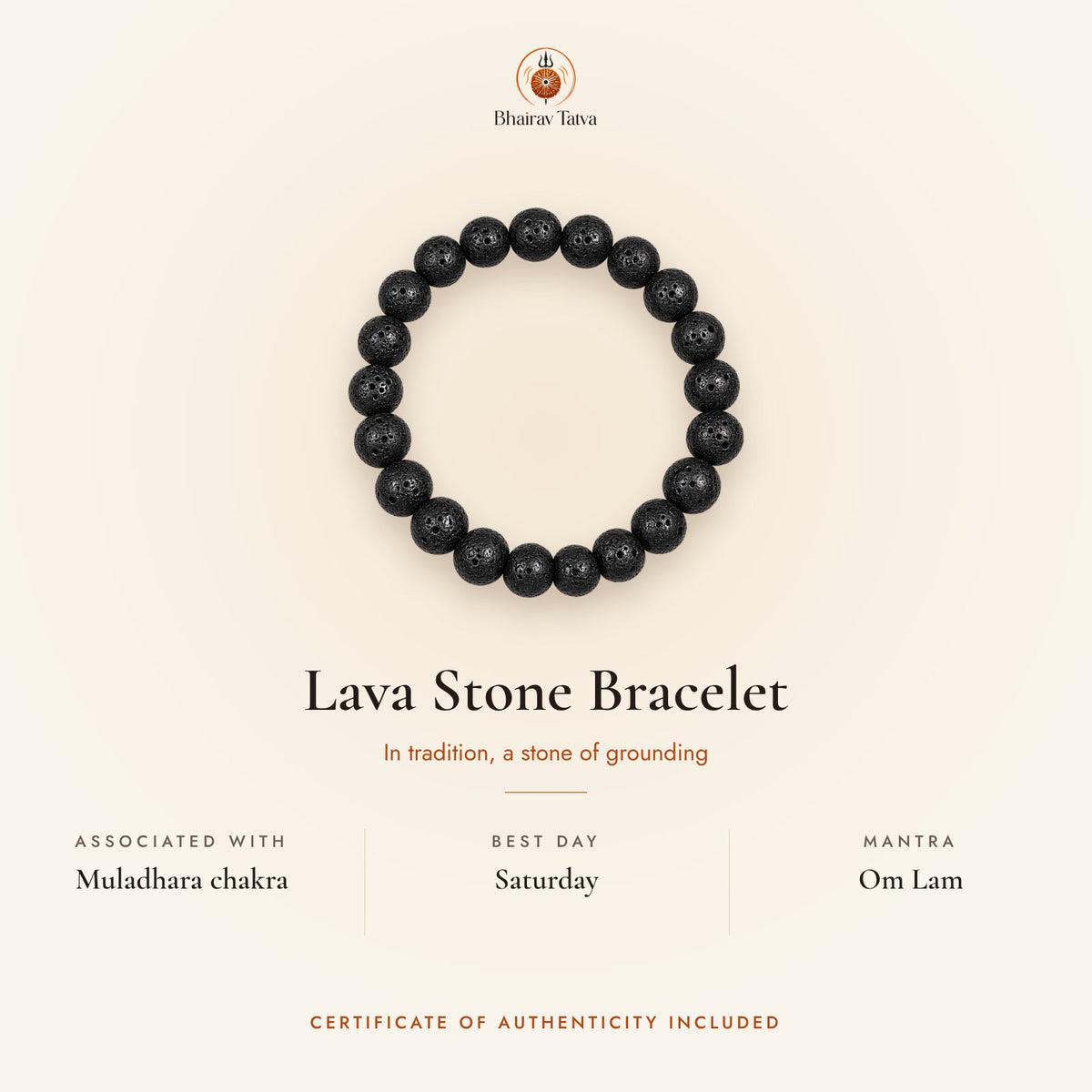 Lava Stone Bracelet: associated with Muladhara chakra, best day Saturday, mantra Om Lam
