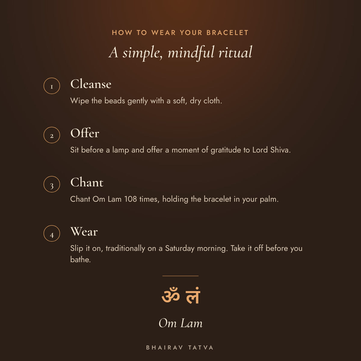 How to wear the Lava Stone Bracelet: cleanse, offer, chant Om Lam, wear