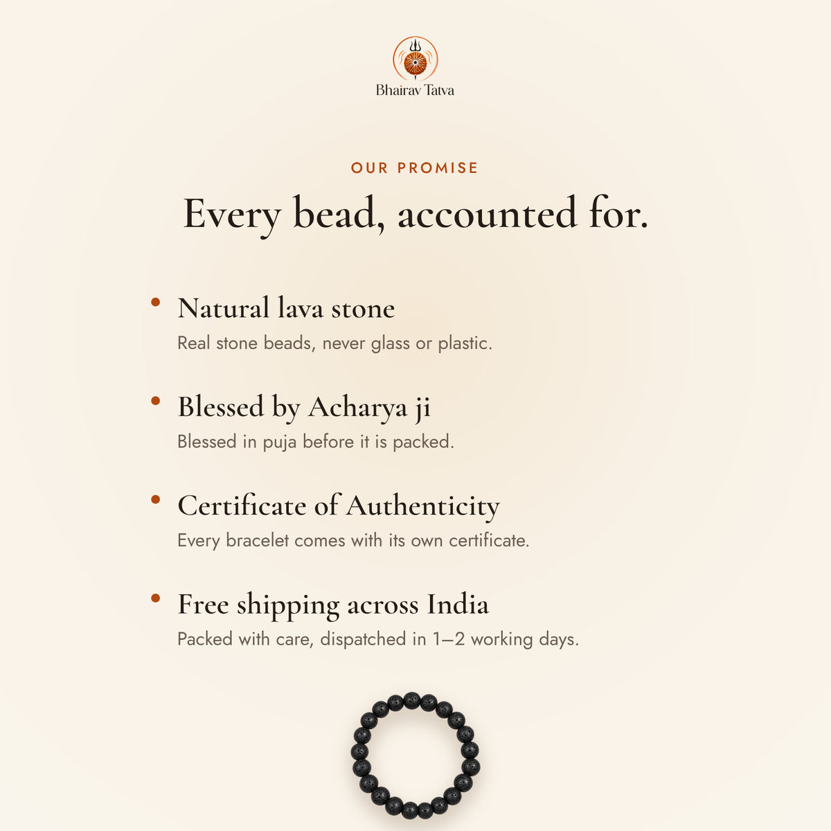Our promise: natural beads, blessed by Acharya ji, Certificate of Authenticity, free shipping across India