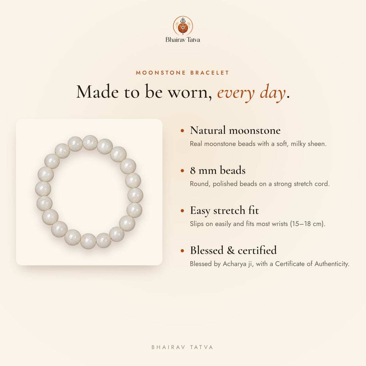 Moonstone Bracelet features: natural stone, 8 mm beads, stretch fit, blessed and certified
