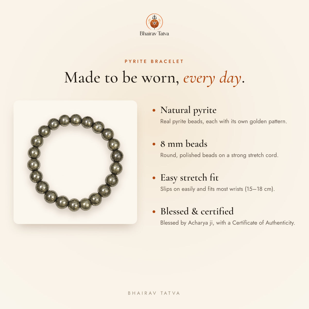 Pyrite Bracelet features: natural stone, 8 mm beads, stretch fit, blessed and certified