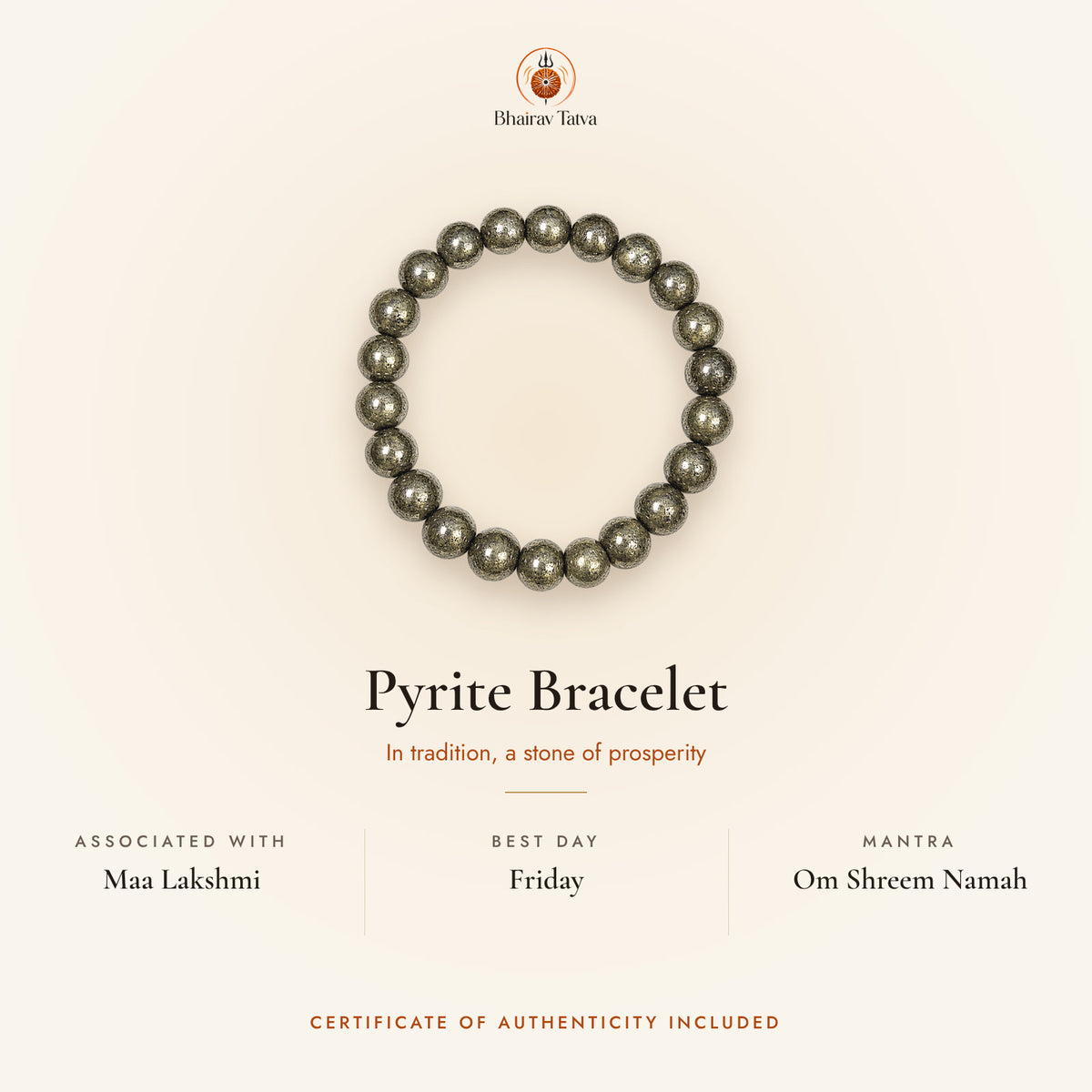 Pyrite Bracelet: associated with Maa Lakshmi, best day Friday, mantra Om Shreem Namah