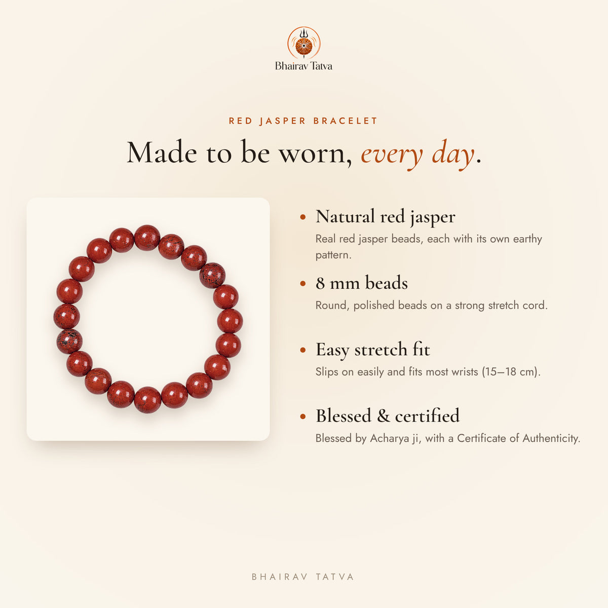 Red Jasper Bracelet features: natural stone, 8 mm beads, stretch fit, blessed and certified