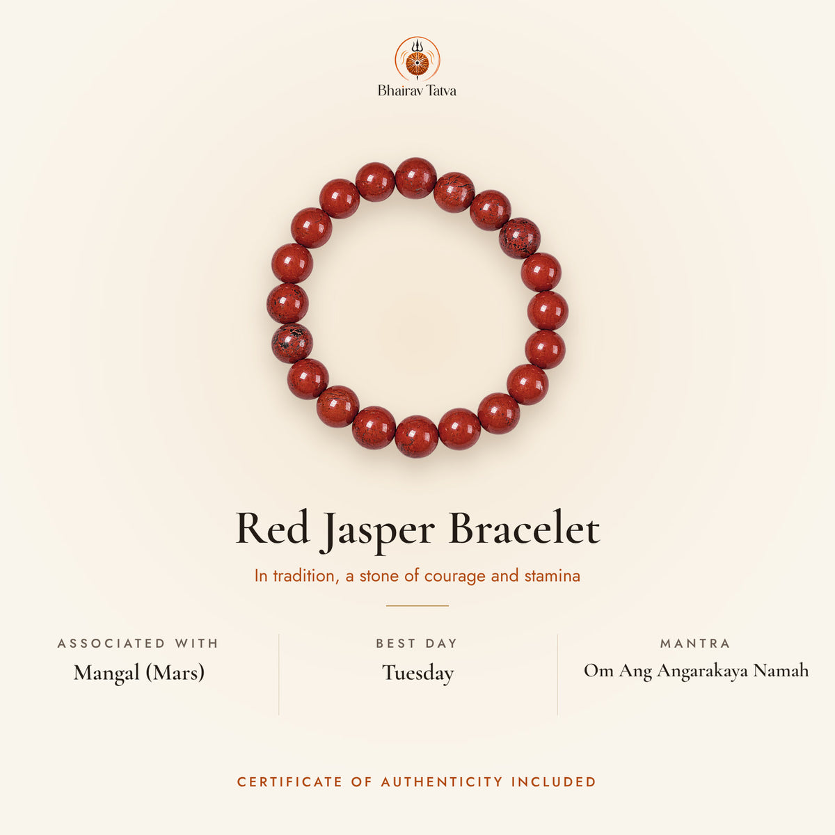 Red Jasper Bracelet: associated with Mangal (Mars), best day Tuesday, mantra Om Ang Angarakaya Namah