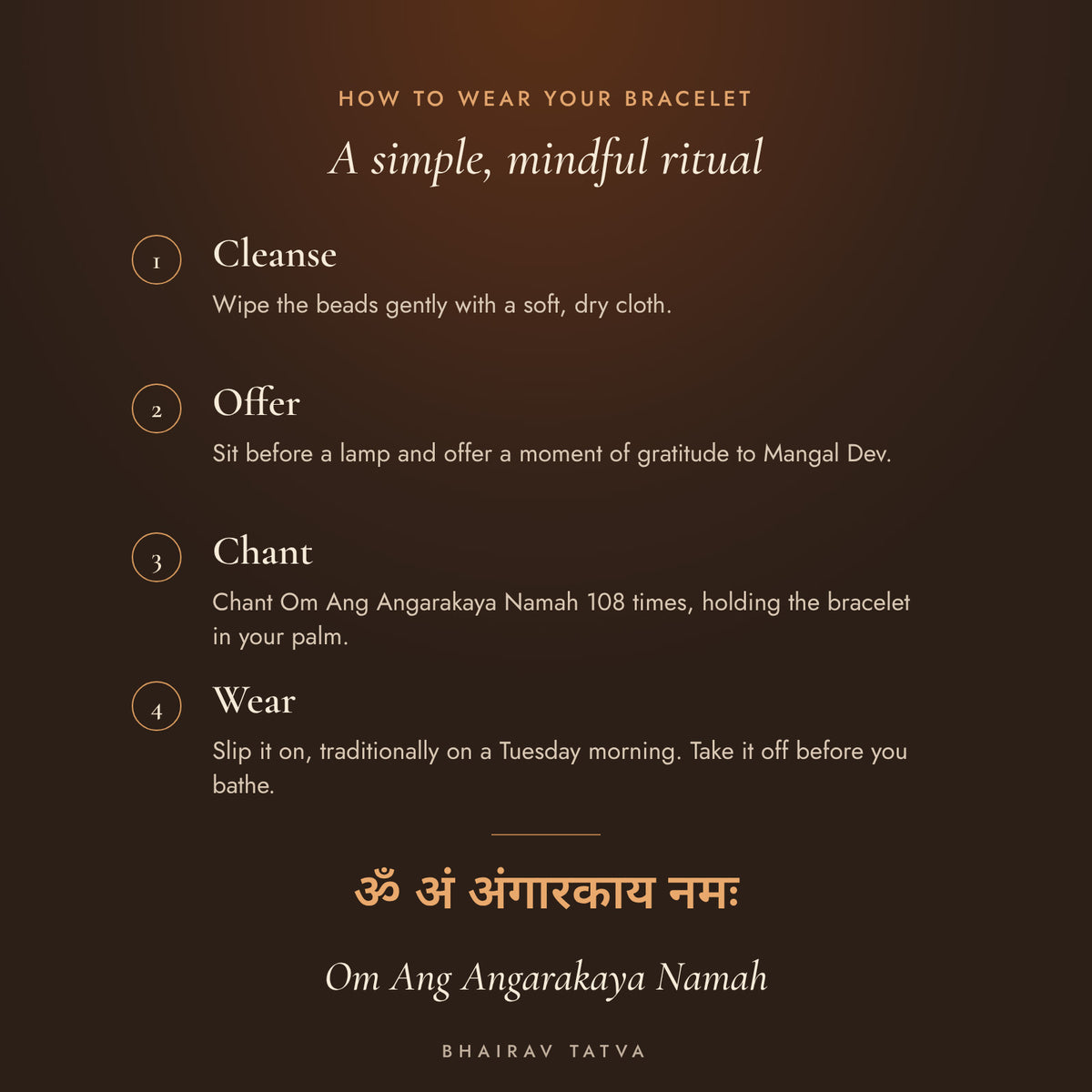 How to wear the Red Jasper Bracelet: cleanse, offer, chant Om Ang Angarakaya Namah, wear