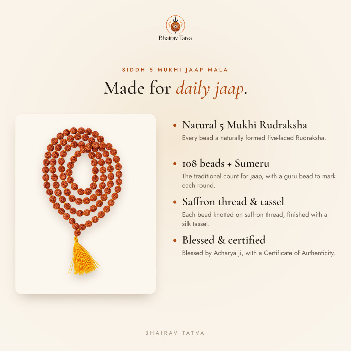 Mala features: natural 5 Mukhi Rudraksha, 108 beads plus Sumeru, saffron thread and tassel, blessed and certified