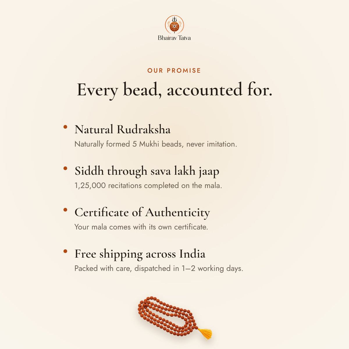 Bhairav Tatva promise: natural Rudraksha, siddh through sava lakh jaap, certificate, free shipping