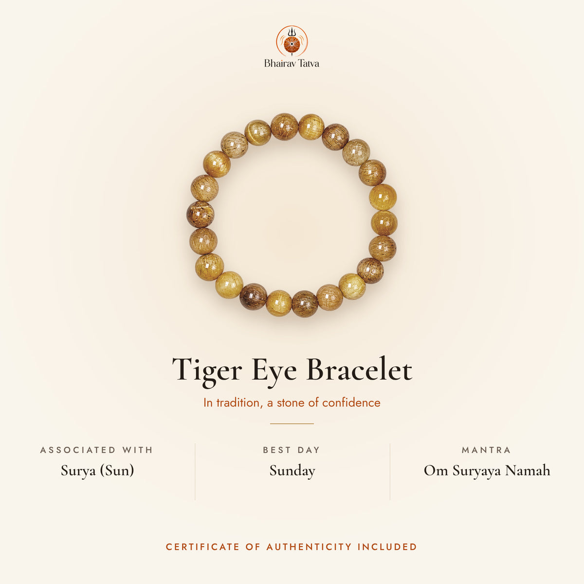 Tiger Eye Bracelet: associated with Surya (Sun), best day Sunday, mantra Om Suryaya Namah