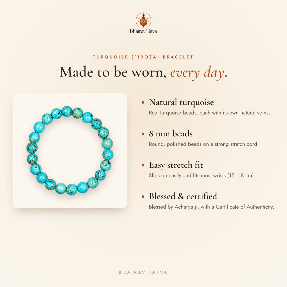 Turquoise (Firoza) Bracelet features: natural stone, 8 mm beads, stretch fit, blessed and certified