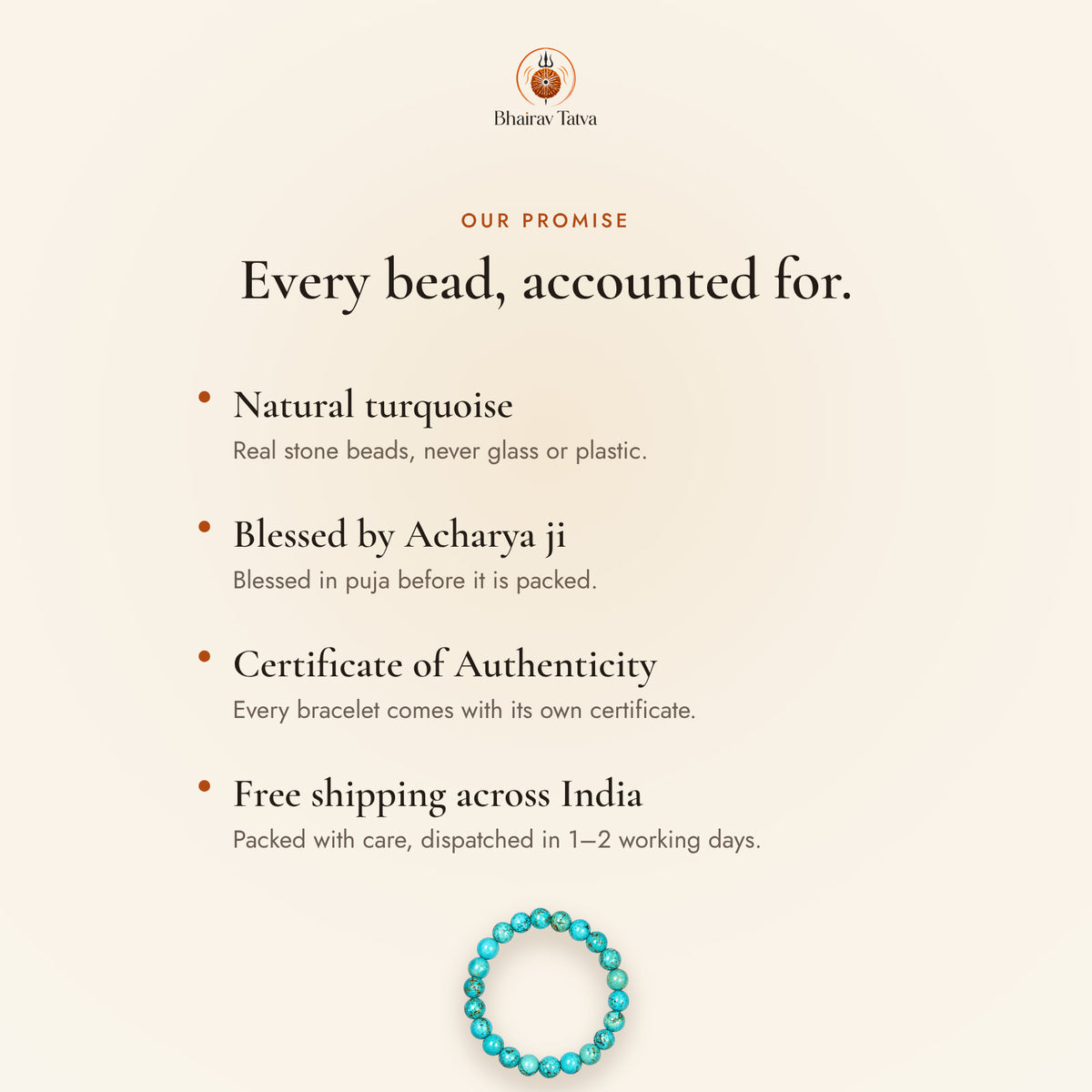 Our promise: natural beads, blessed by Acharya ji, Certificate of Authenticity, free shipping across India